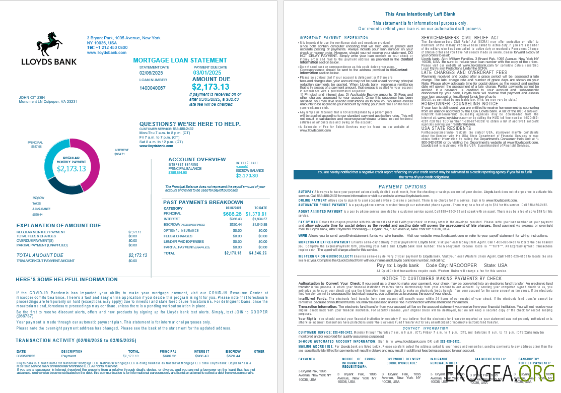 Relevé de prêt hypothécaire de la banque Lloyds des États , Unis aux formats Word et PDF, 4 pages 1, 2